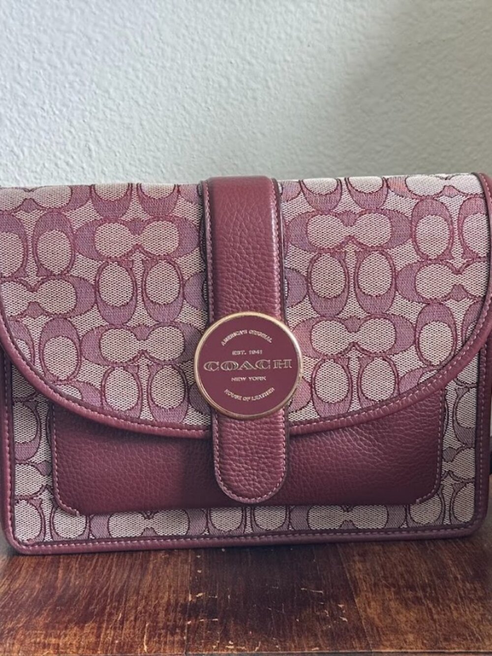 Coach Lonnie Crossbody in Signature Jacquard and Leather IM/Wine Classy